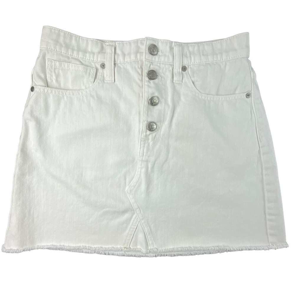 Madewell Rigid Denim A-Line white button fly mini skirt with raw edge sz 27